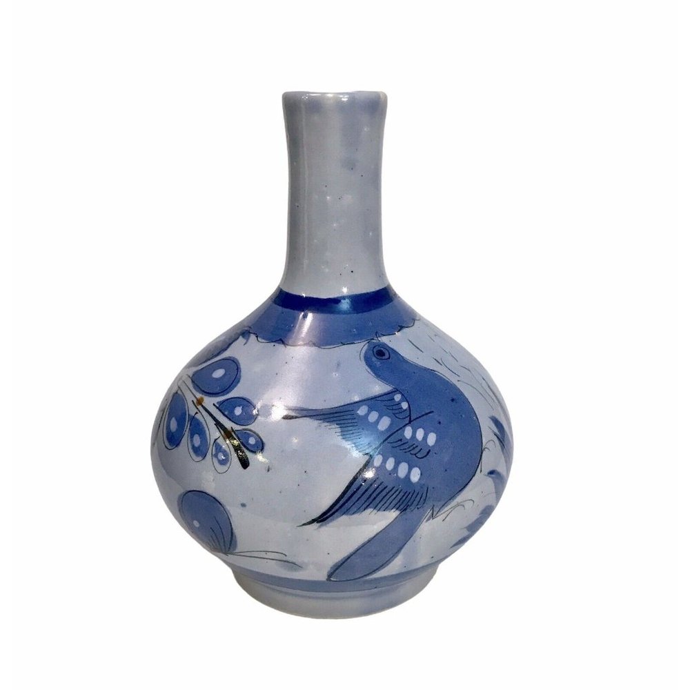 Vintage Tonala Mexican Pottery Vase Blue Birds Butterflies Floral 8.5" Signed VG - Picture 9 of 13